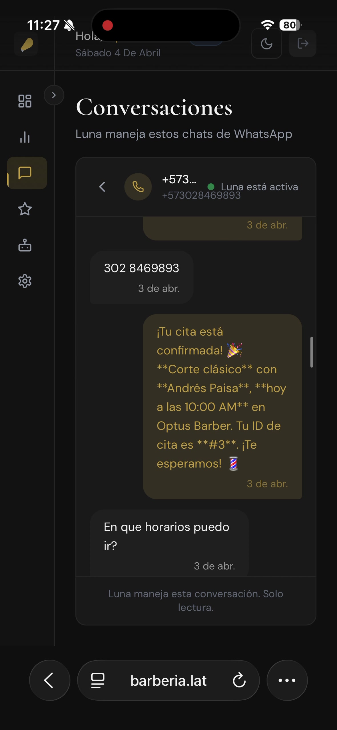 Luna conversando con un cliente dentro de la app de barberia.lat
