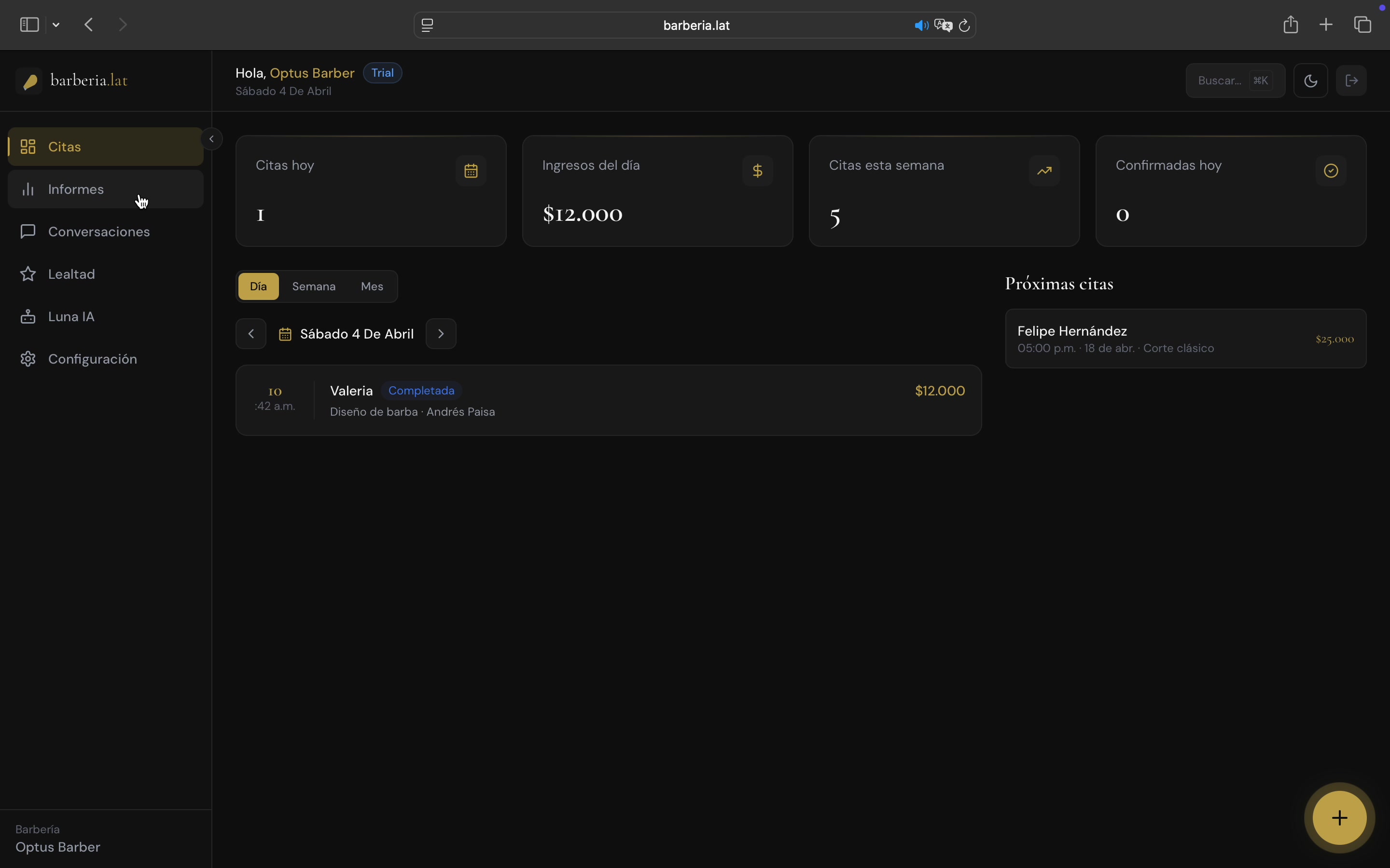 Dashboard Citas de barberia.lat con turnos del día